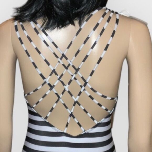 Cross1946 | Women’s Black White Striped One Piece Monokini Swimsuit Bathing Suit - Picture 2 of 9